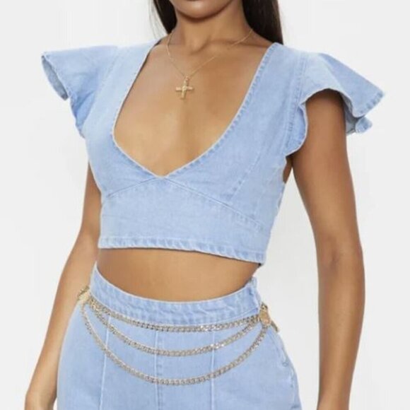 Flying Tomato Denim Flared Sleeves Cropped  Top Size Small New - Picture 1 of 6